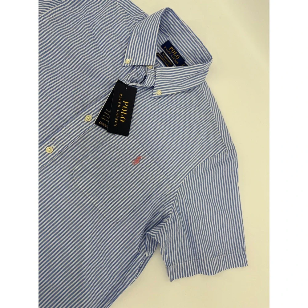 Polo Ralph Lauren Mens Blue White Striped Short Sleeve Untucked Fit Shirt S NEW